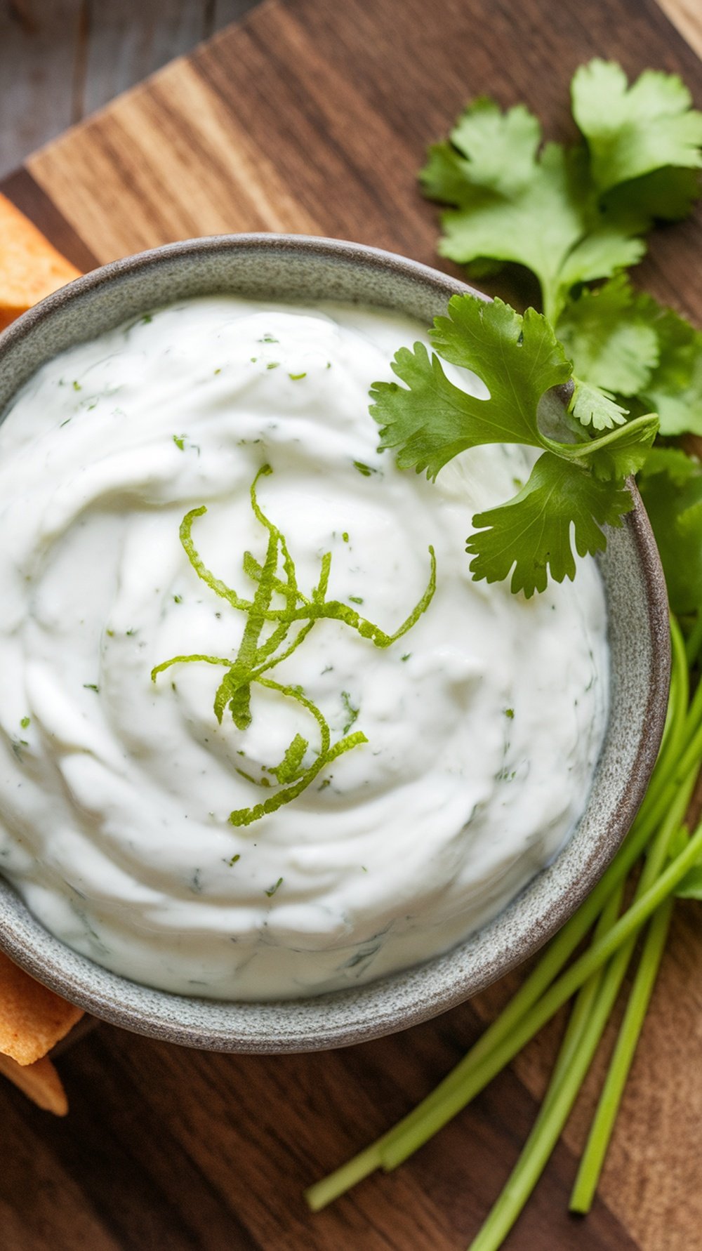 A bowl of creamy cilantro lime yogurt dip with garnish, beside fresh cilantro and green onions.