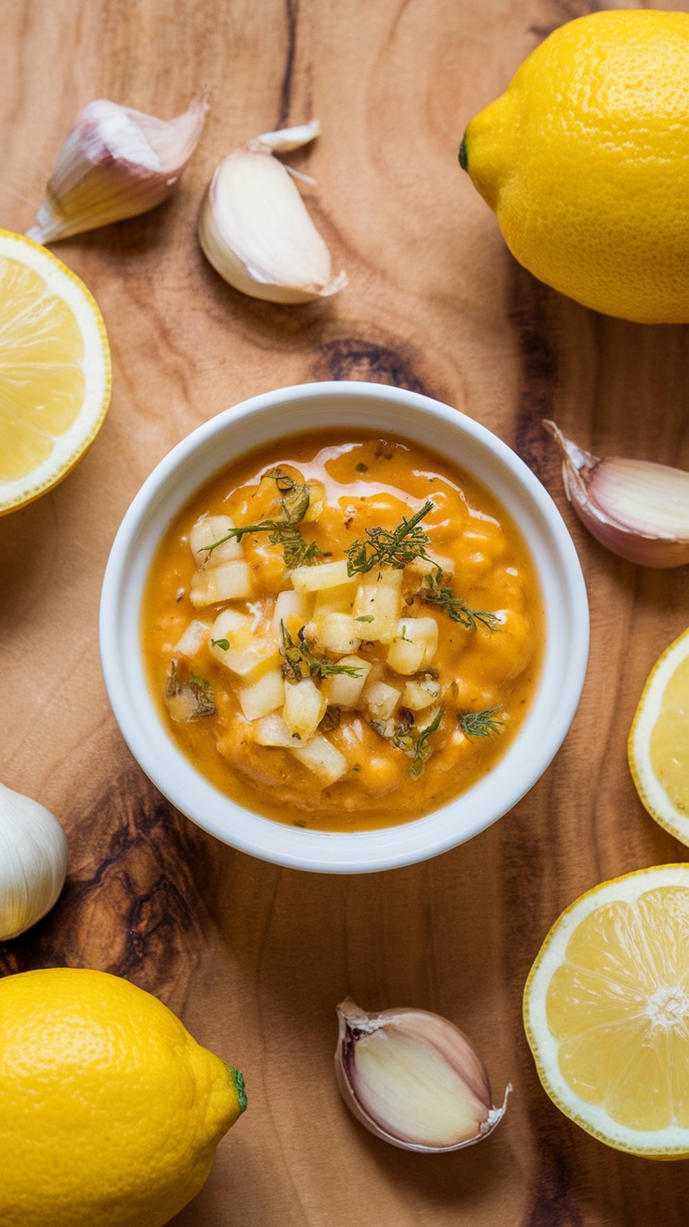 A bowl of Zesty Lemon Garlic Sauce surrounded by garlic and lemons.