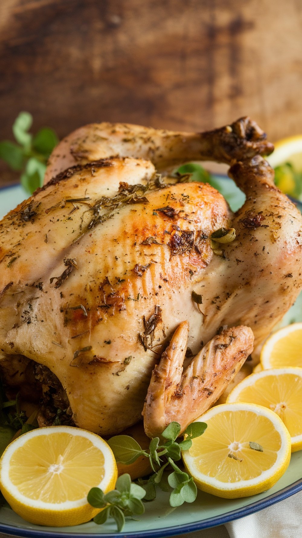 Zesty lemon herb sauce drizzled over grilled chicken with lemon slices