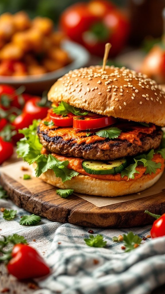 A delicious hamburger topped with roasted red pepper hummus and fresh vegetables