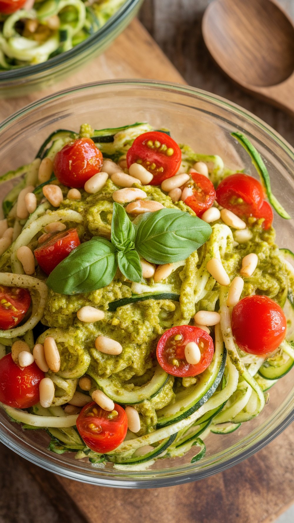 A refreshing zucchini noodle salad topped with pesto, cherry tomatoes, and pine nuts.