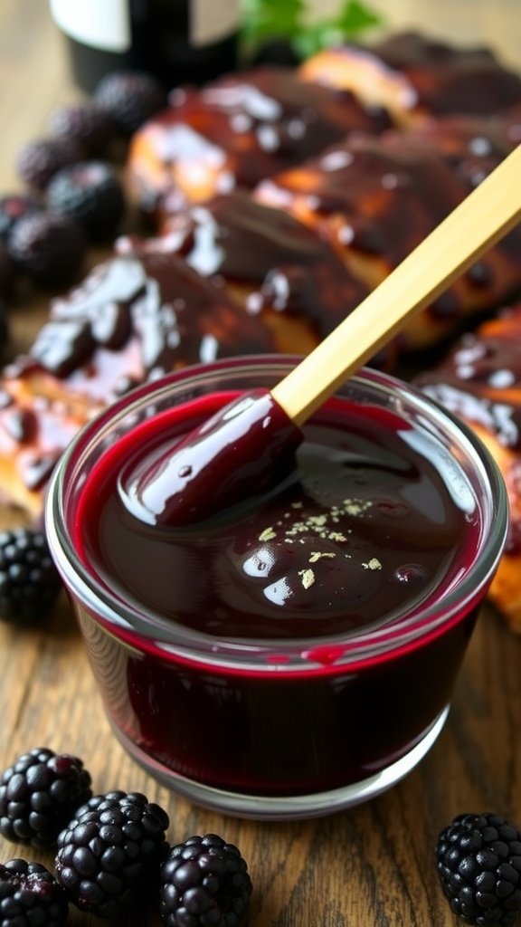 Blackberry Red Wine Reduction BBQ Sauce Recipe A bowl of blackberry red wine BBQ sauce with grilled meats and fresh blackberries in the background.