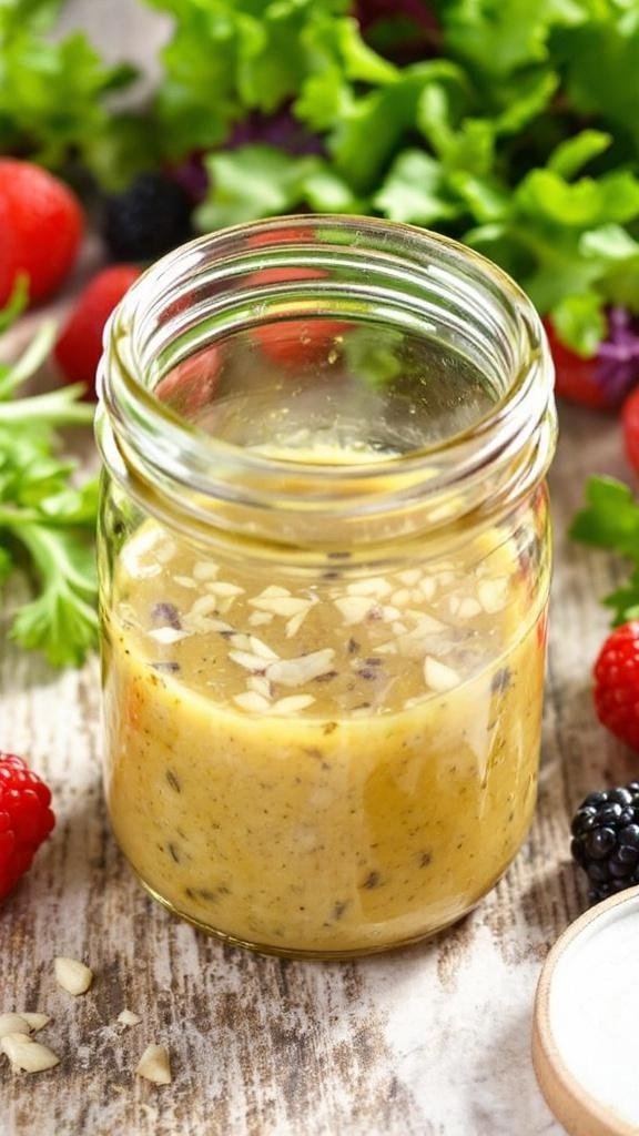 Champagne Shallot Vinaigrette Recipe A jar of champagne shallot vinaigrette with shallots, greens, and berries on a wooden table.