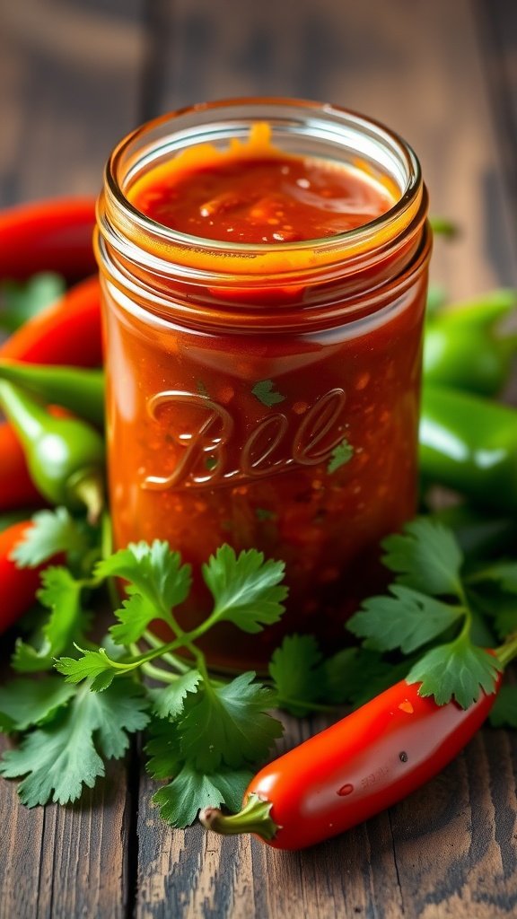 A jar of jalapeño cilantro BBQ sauce with fresh jalapeños and cilantro on a wooden table.