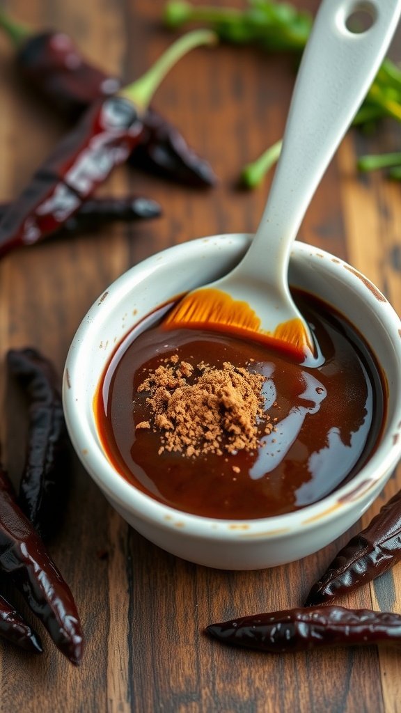 Ancho Cocoa Smokehouse BBQ Sauce Recipe A bowl of dark Ancho Cocoa BBQ sauce with dried chilies and herbs on a wooden table.