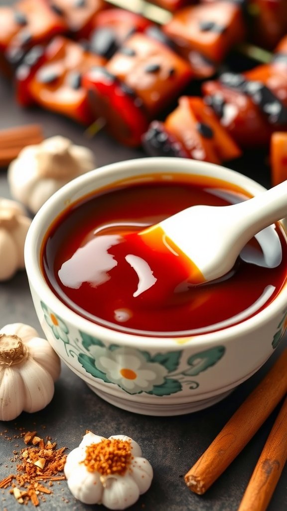 Hoisin Five Spice BBQ Sauce Recipe A bowl of Hoisin Five Spice BBQ Sauce with garlic and ginger, alongside grilled skewers.