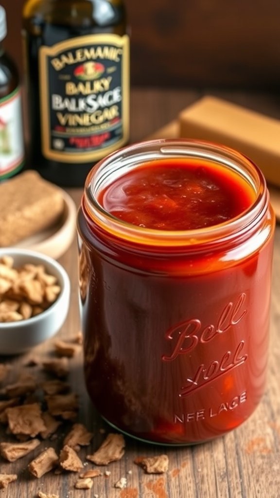 Oak Barrel Smokin’ Ts Blend BBQ Sauce Recipe A jar of rich BBQ sauce with ingredients like balsamic vinegar and oak chips on a wooden table.