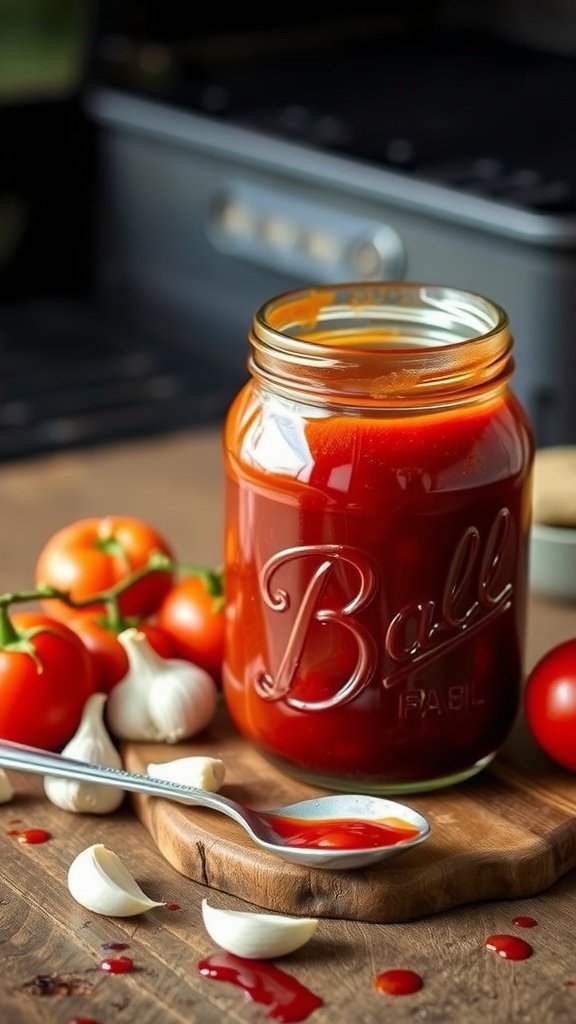 Smoked Tomato Garlic BBQ Sauce Recipe A jar of smoky tomato garlic BBQ sauce with fresh tomatoes and garlic on a wooden table.