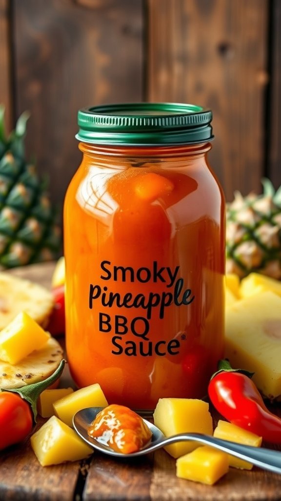 Smoky Pineapple Habanero BBQ Sauce Recipe A jar of smoky pineapple habanero BBQ sauce with pineapple and habanero peppers on a wooden table.