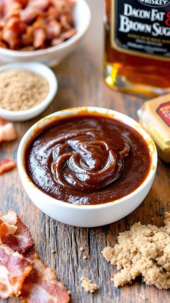 Bacon Fat Whiskey BBQ Sauce Recipe A bowl of Bacon Fat Whiskey BBQ sauce with bacon, whiskey, and brown sugar on a rustic wooden table.