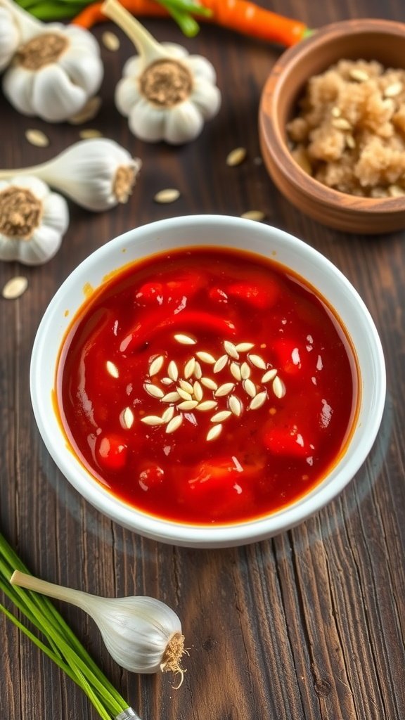 Korean Gochujang Chili BBQ Sauce Recipe A bowl of spicy Korean chili BBQ sauce with garlic and sesame seeds on a wooden table, surrounded by fresh ingredients.