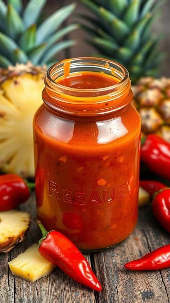 A jar of Carolina Reaper Pineapple BBQ sauce with fresh pineapple and peppers on a wooden table.