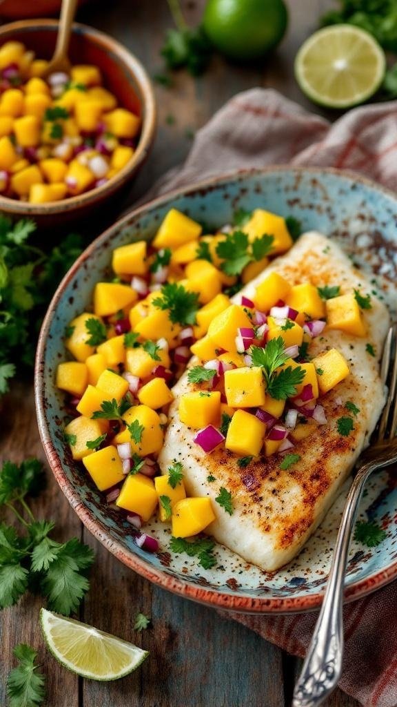 A plate of halibut topped with fresh mango salsa, garnished with cilantro and lime.
