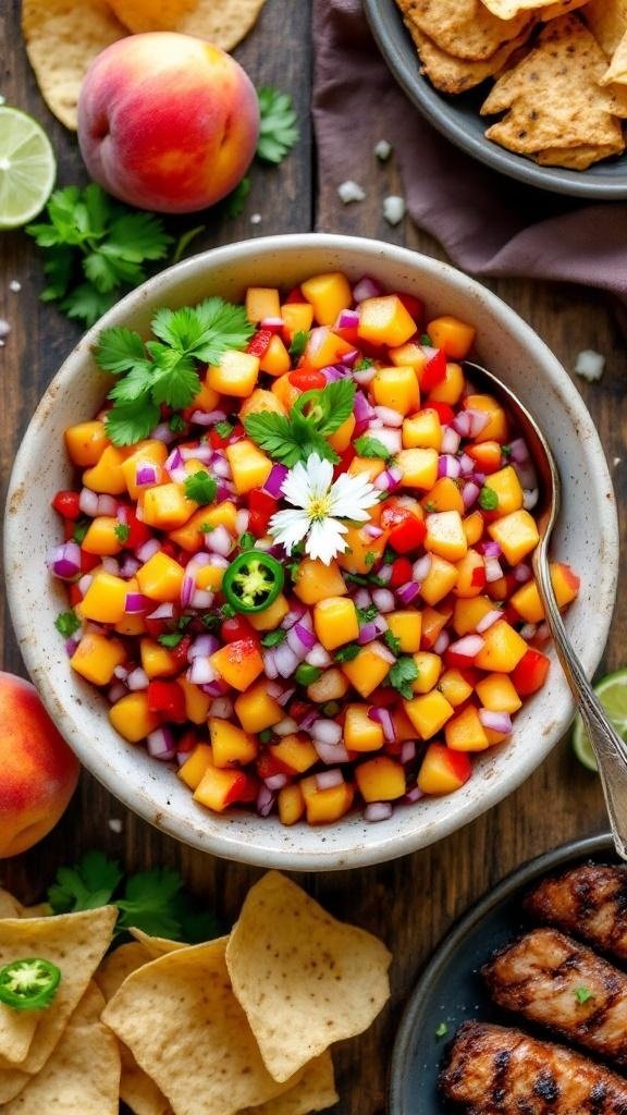 A bowl of spicy peach salsa with diced peaches, red onion, jalapeño, and lime, surrounded by tortilla chips.