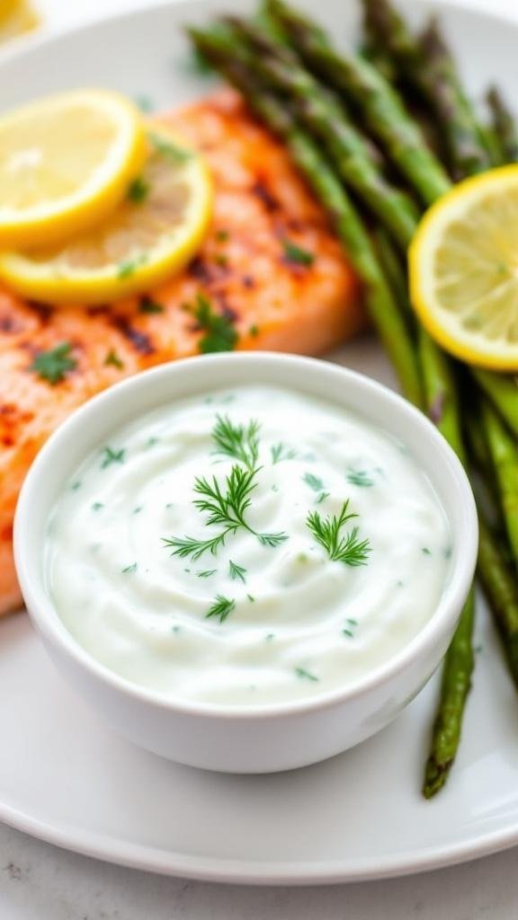 Lemon Dill Yogurt Sauce Recipe Creamy lemon dill yogurt sauce in a bowl next to grilled salmon and roasted asparagus.