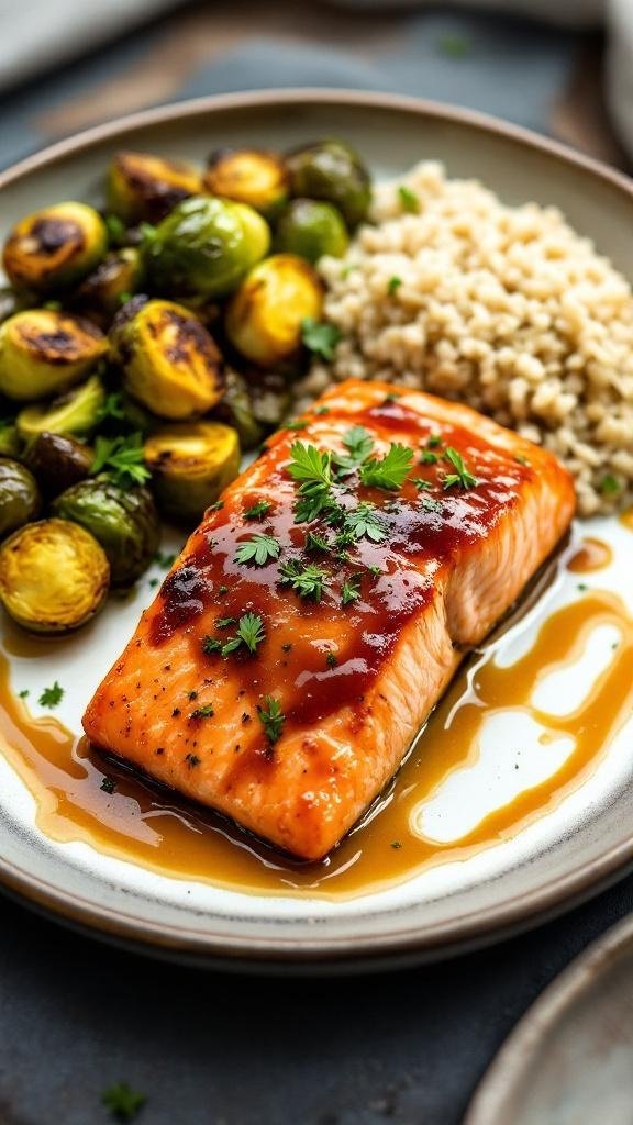 Oven-Roasted Salmon with Maple Mustard Glaze Oven-roasted salmon with maple mustard glaze, served with Brussels sprouts and wild rice on a white plate.