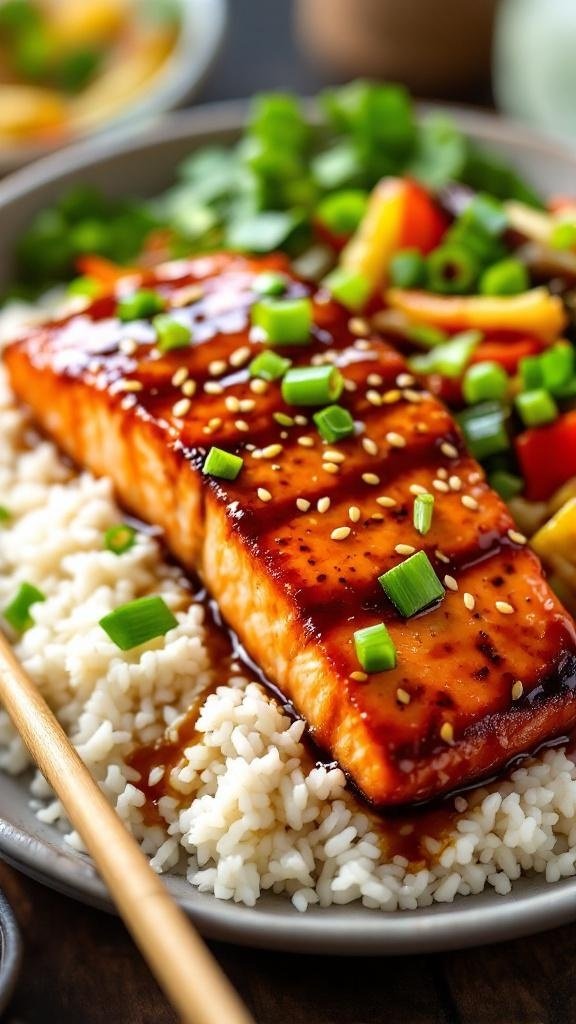 Grilled Salmon with Homemade Teriyaki Sauce Grilled salmon with teriyaki glaze on rice, garnished with sesame seeds and green onions, served with stir-fried vegetables and chopsticks.