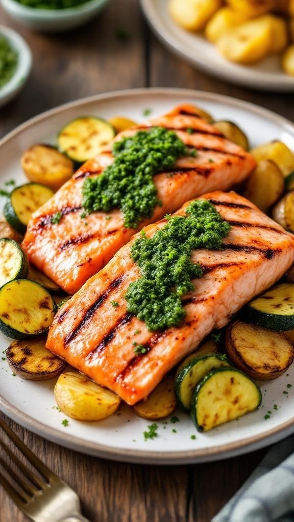 Grilled Salmon with Chimichurri Sauce Grilled salmon with chimichurri sauce, roasted potatoes, and grilled zucchini on a rustic table.