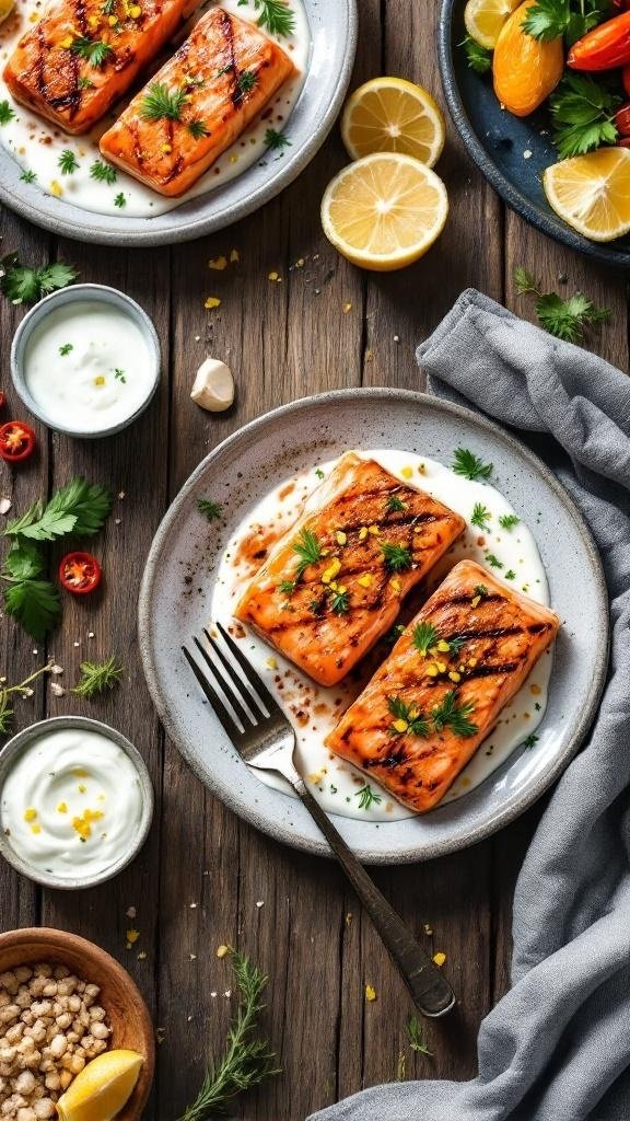 Grilled salmon with lemon dill yogurt sauce and garnished with herbs