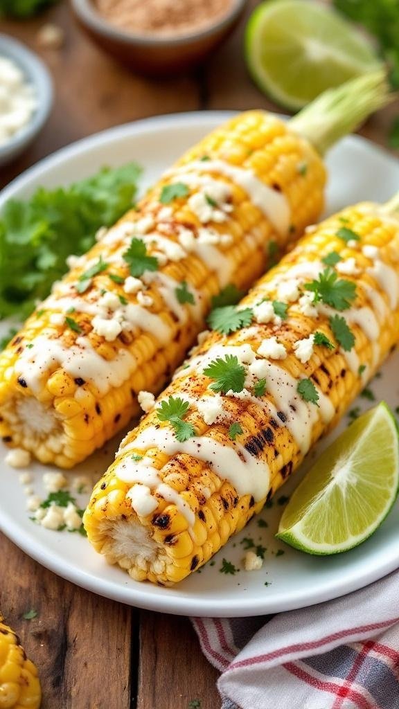 Elote-Style Garlic Mayo Recipe Grilled corn on the cob with garlic mayo, Cotija cheese, chili powder, and cilantro, served with a lime wedge.