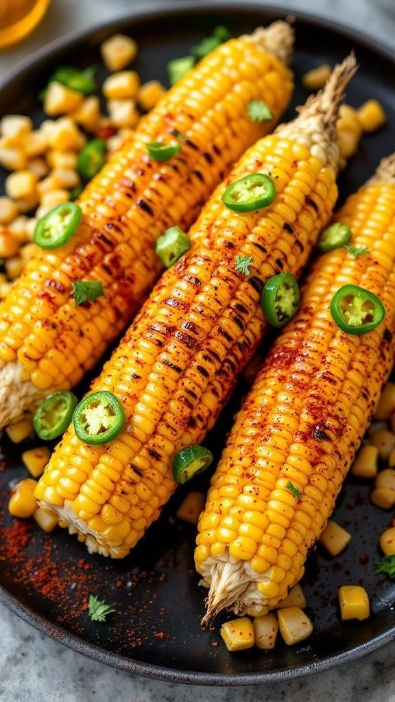 Charred Corn on the Cob with Chipotle Honey Glaze Charred corn on the cob with chipotle honey glaze, jalapeño slices, and smoked paprika on a dark plate.