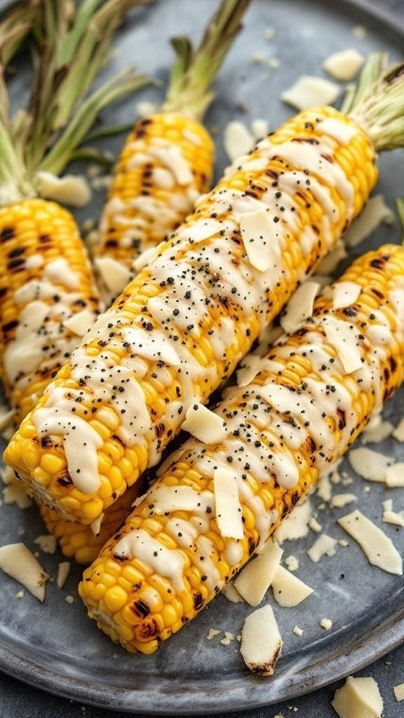 Grilled Corn with Parmesan Truffle Sauce Grilled corn with Parmesan truffle sauce, garnished with shaved Parmesan and black pepper on a marble plate.