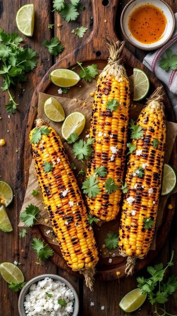 Grilled corn on the cob with chipotle honey, lime, and cilantro on a wooden board.