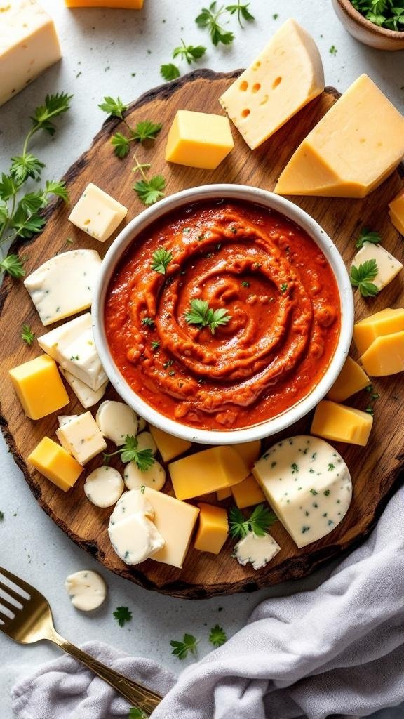 A cheese board featuring roasted red pepper romesco dip surrounded by various cheeses.