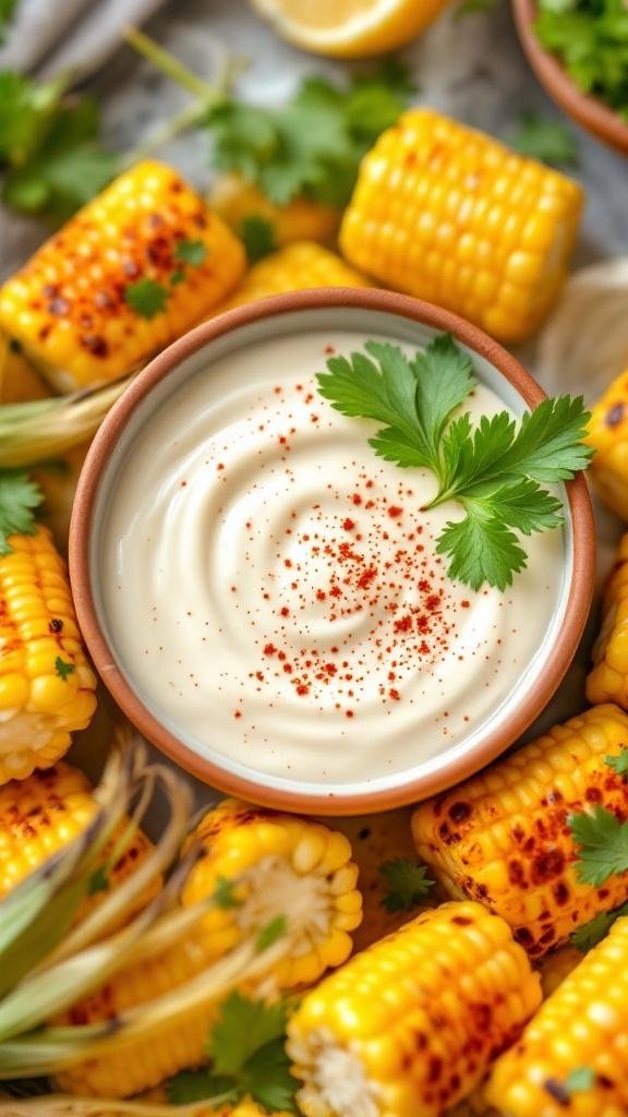 A bowl of garlic mayo surrounded by grilled corn on the cob, garnished with cilantro and chili powder.