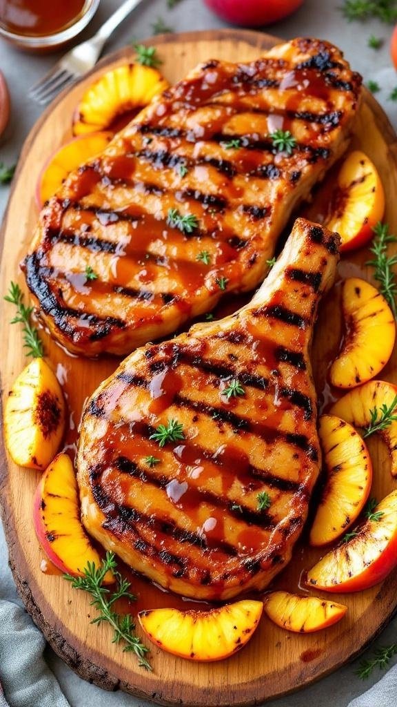 Peach Bourbon Glaze for Grilled Pork Chops Grilled pork chops with peach bourbon glaze, served on a wood platter with grilled peaches and thyme.