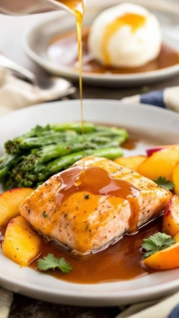 Honey Roasted Peach Sauce Recipe Honey roasted peach sauce on grilled salmon with caramelized peaches, and a plate of vanilla ice cream topped with the sauce.