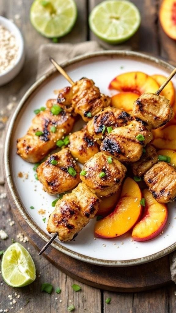 Peach Ginger Soy Marinade Recipe Grilled chicken skewers with peach ginger soy glaze, grilled peach slices, lime wedges, garnished with sesame seeds and scallions.