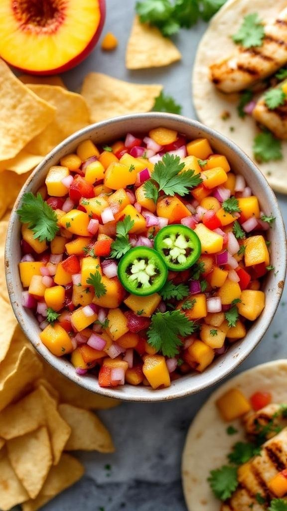 Zesty Spicy Peach Salsa Recipe A bowl of spicy peach salsa with peach, red onion, jalapeño, and cilantro, served with tortilla chips and grilled fish tacos.