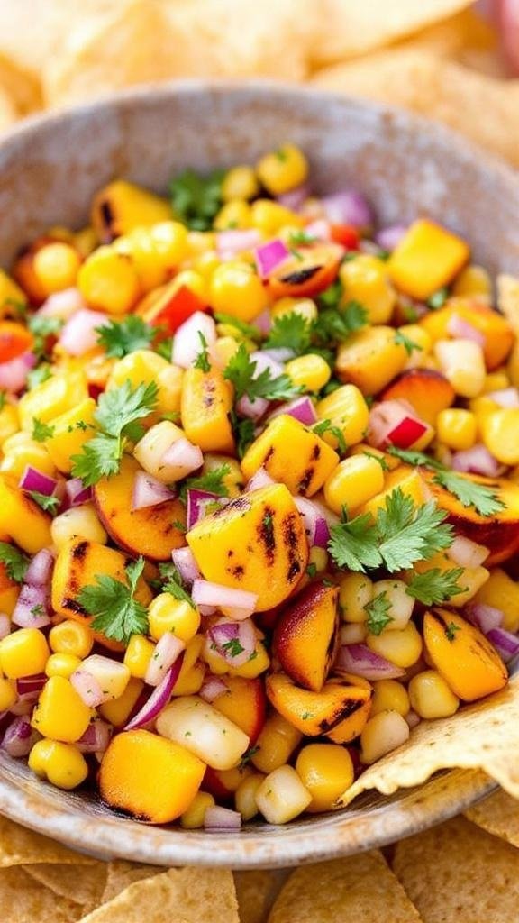 Grilled Peach and Corn Salsa Recipe A colorful bowl of grilled peach and corn salsa with corn kernels, diced peaches, red onion, and cilantro, accompanied by tortilla chips.