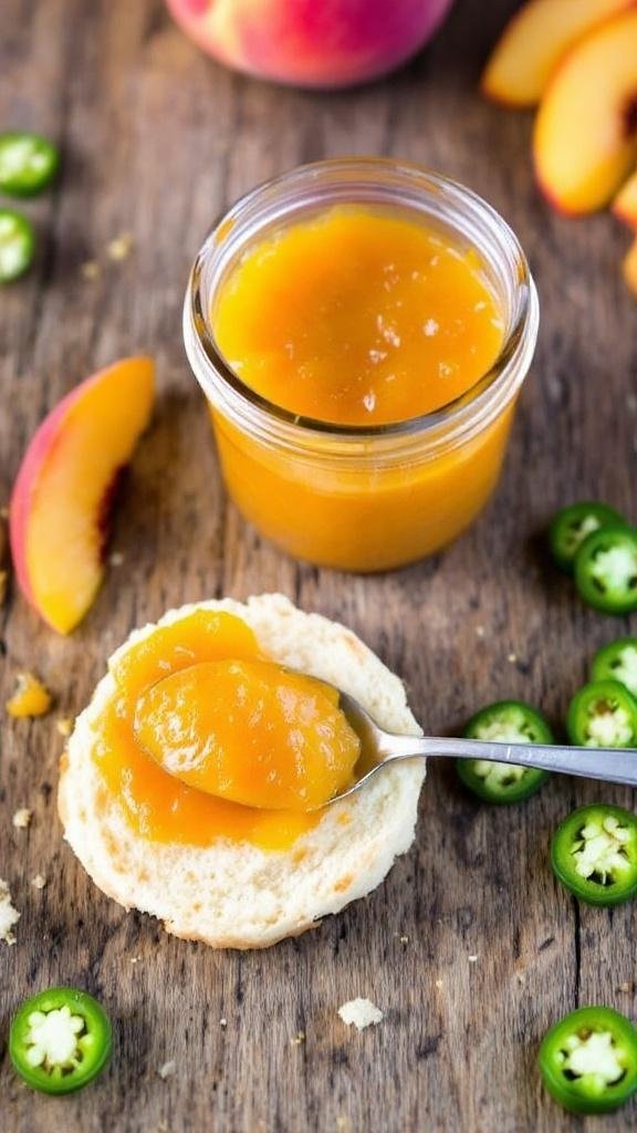 Peach Jalapeño Jam Recipe A jar of peach jalapeño jam on a wooden table with a biscuit, jalapeños, and peach slices.