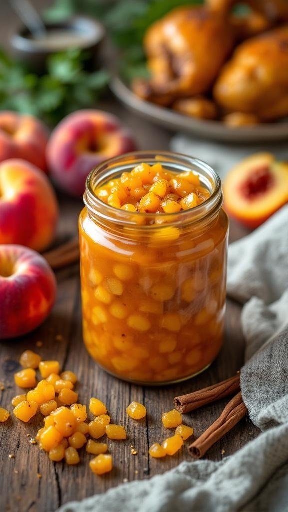 A jar of peach chutney with golden raisins, surrounded by fresh peaches and cinnamon sticks.