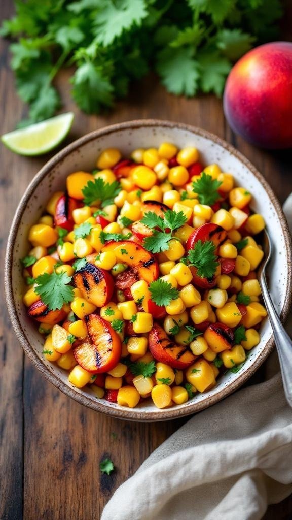 A bowl of grilled peach and corn salsa with cilantro and lime.