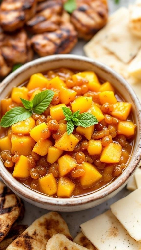 Peach Chutney with Golden Raisins Recipe A rustic bowl of peach chutney with chunks of peach and golden raisins, served with grilled meats, naan bread, and cheese.