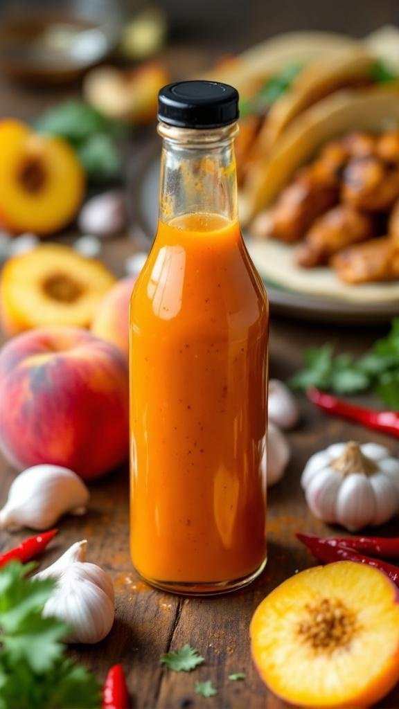 Fresh Peach Hot Sauce Recipe Bottle of peach hot sauce with fresh peaches, garlic, and red chili peppers on a wooden table.