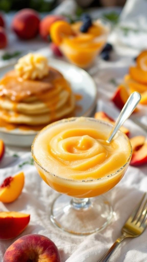 Frozen Peach Slush Sauce Recipe A refreshing bowl of frozen peach slush sauce beside pancakes and a cocktail glass, adorned with peach slices on a bright summer table.