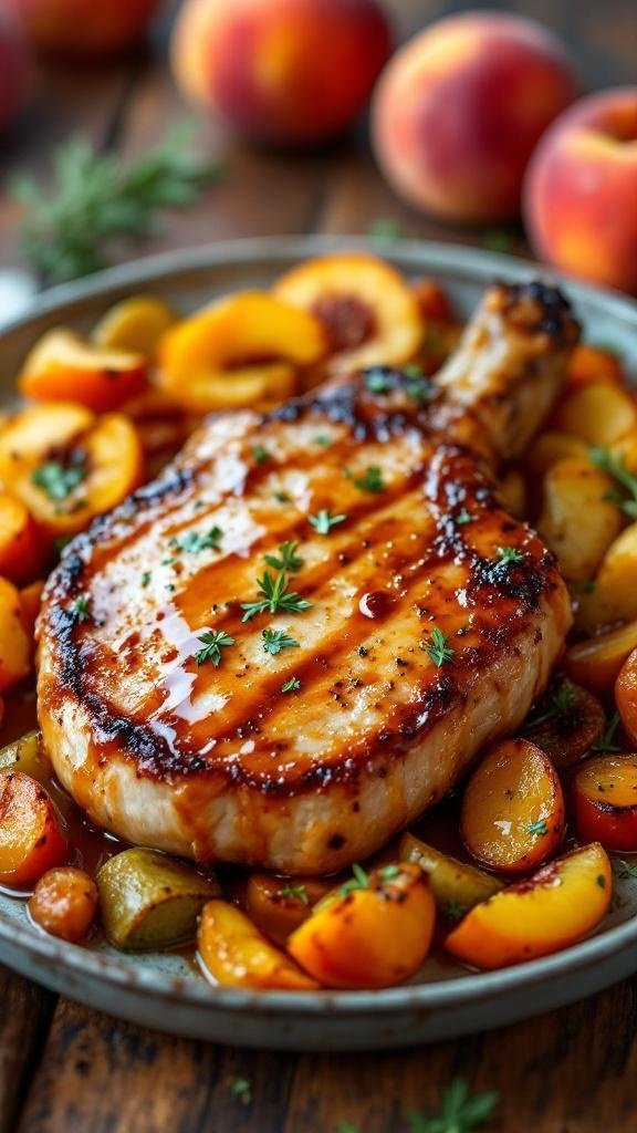 A delicious pork chop glazed with peach bourbon sauce, surrounded by roasted peaches and vegetables.