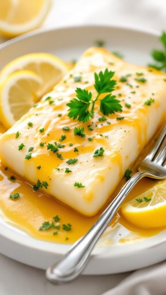 Pan-Seared Halibut with Lemon Garlic Butter Sauce Pan-seared halibut fillet with lemon garlic butter sauce and parsley, served with lemon wedges.