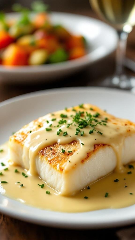 Pan-Seared Halibut with Beurre Blanc Sauce Pan-seared halibut fillet with beurre blanc sauce, garnished with thyme, served elegantly on a plate.