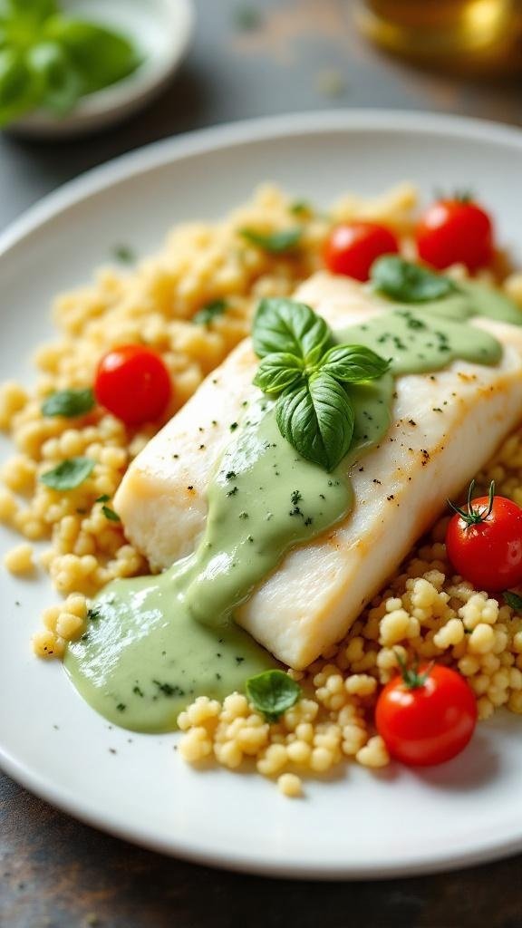 Halibut Fillet with Basil Cream Sauce Halibut fillet with basil cream sauce, cherry tomatoes, and couscous on a white plate.