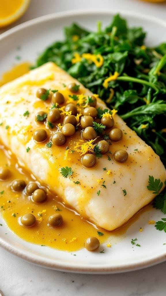Halibut fillet with lemon caper butter sauce, garnished with lemon zest and parsley, served with sautéed greens.