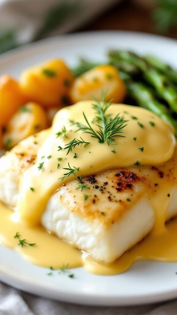 Halibut with Herbed Hollandaise Sauce Halibut fillet with herbed hollandaise sauce, roasted fingerling potatoes, and grilled asparagus on a white plate.