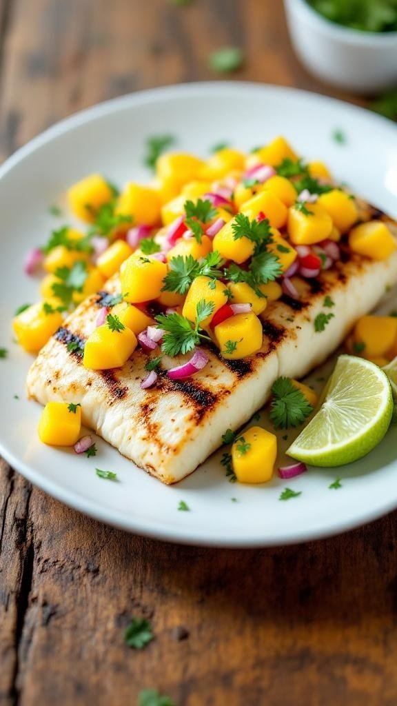 Grilled halibut fillet topped with mango salsa on a white plate with lime wedges.