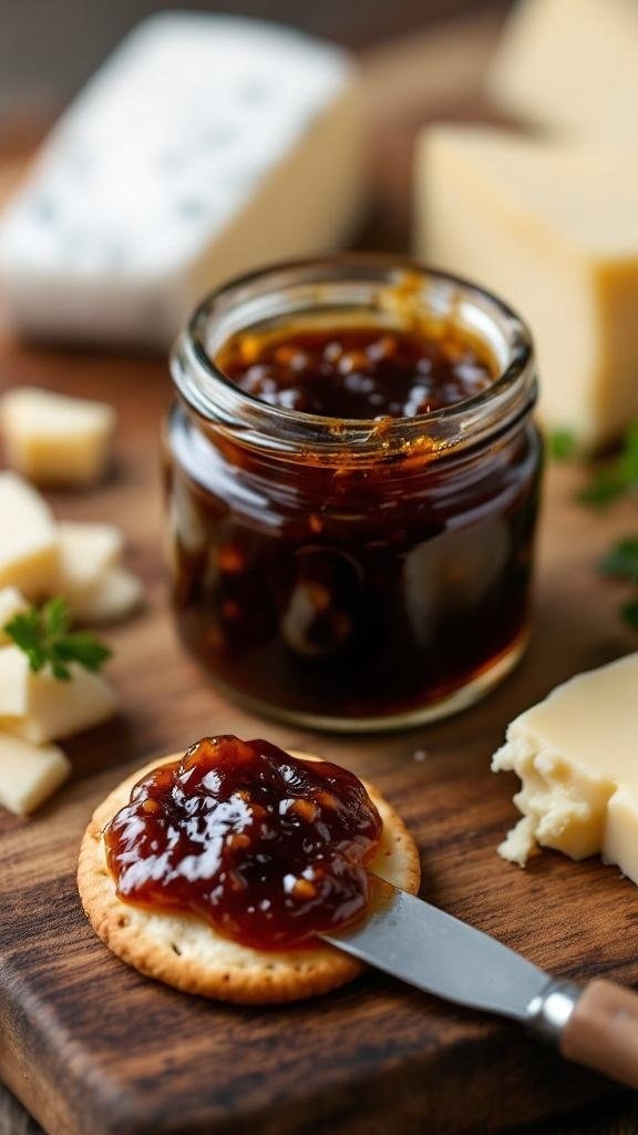 A glass jar of fig balsamic jam on a cheese board with Brie and Manchego, accompanied by a cheese knife and a cracker.
