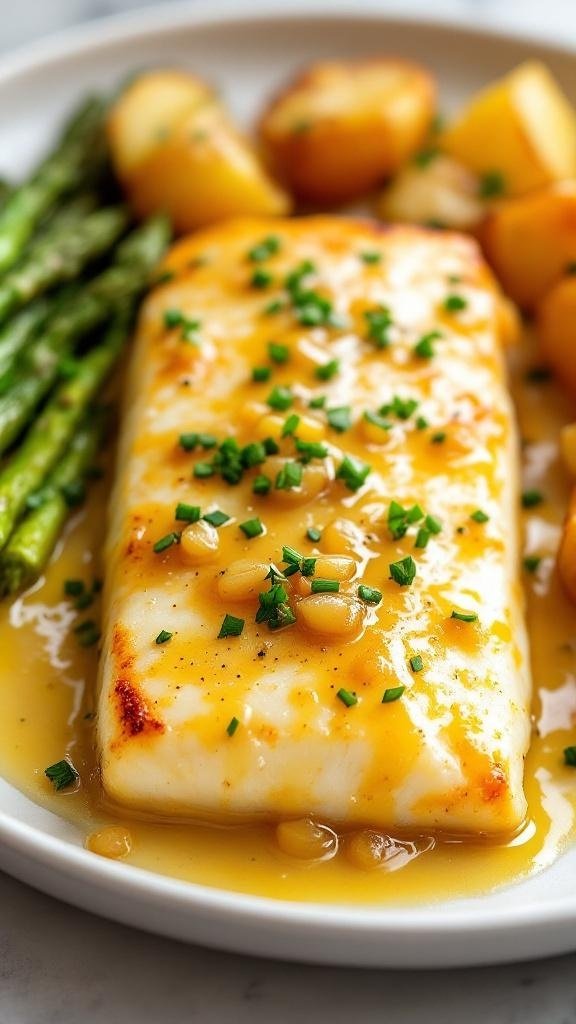 White Wine Shallot Pan Sauce Recipe Seared halibut fillet with white wine shallot butter sauce, garnished with parsley, served with roasted potatoes and asparagus.
