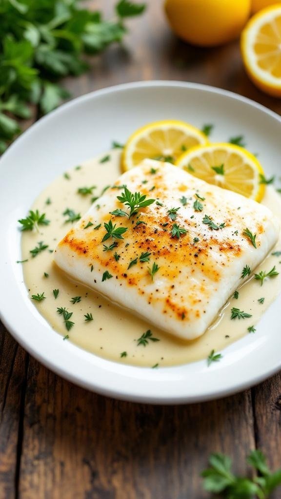 A plate of halibut topped with beurre blanc sauce, garnished with parsley and lemon slices.